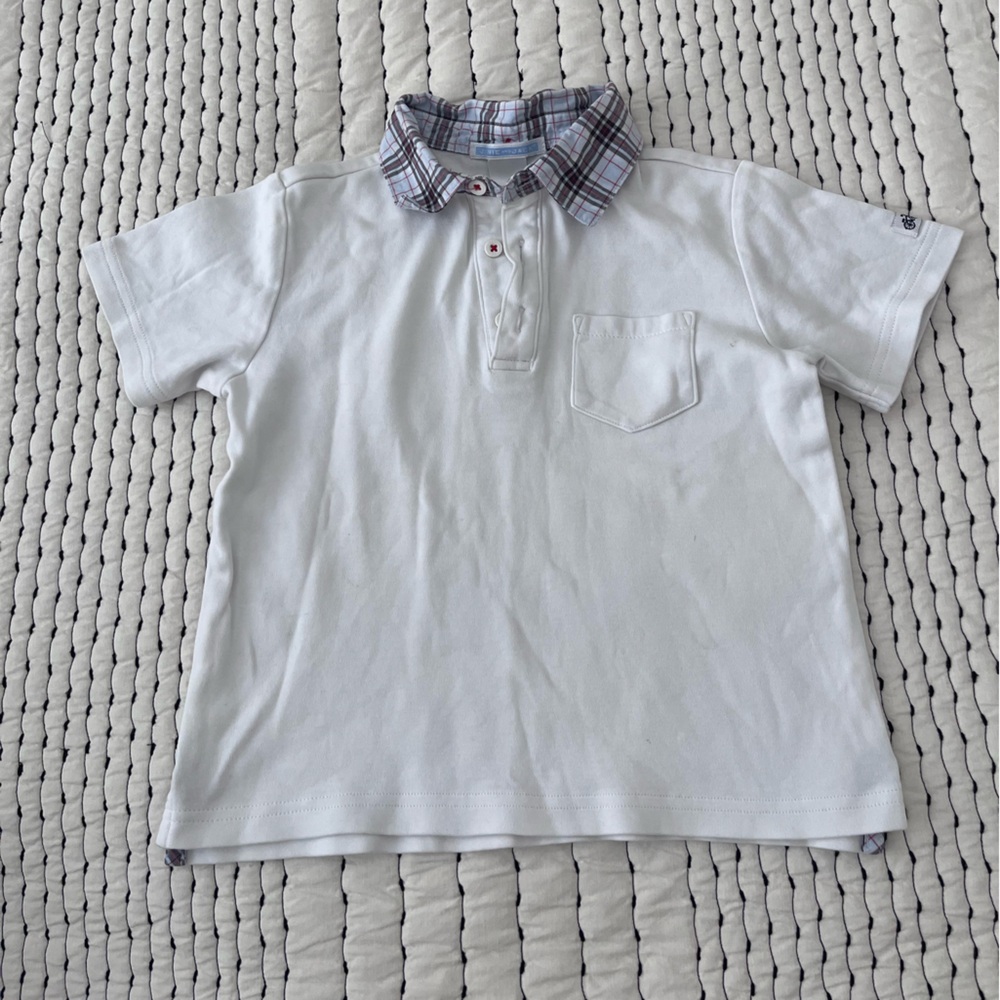 White Polo Shirt with Plaid Collar